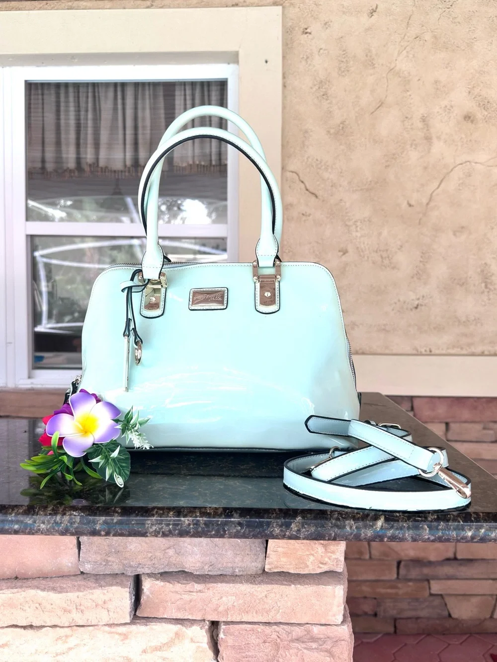 SIMPLY NOELLE ~ Mint Green Patent Sheen Dome Satchel w/Paisley Print Interior